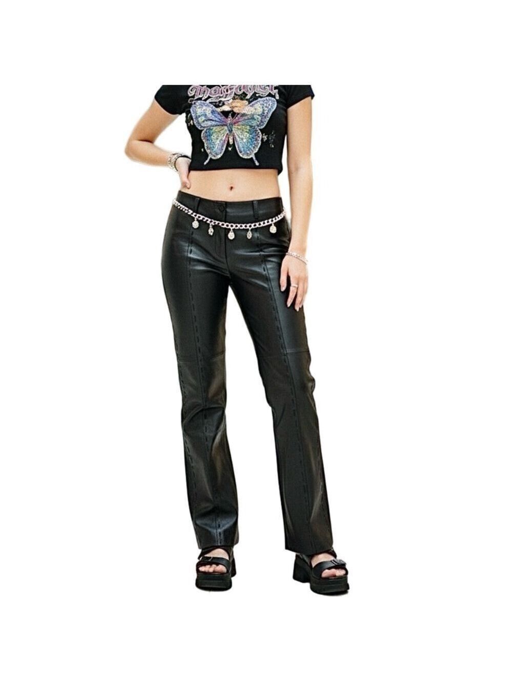 Vintage 90s Y2K genuine black leather low rise flare bootcut pants trousers 10